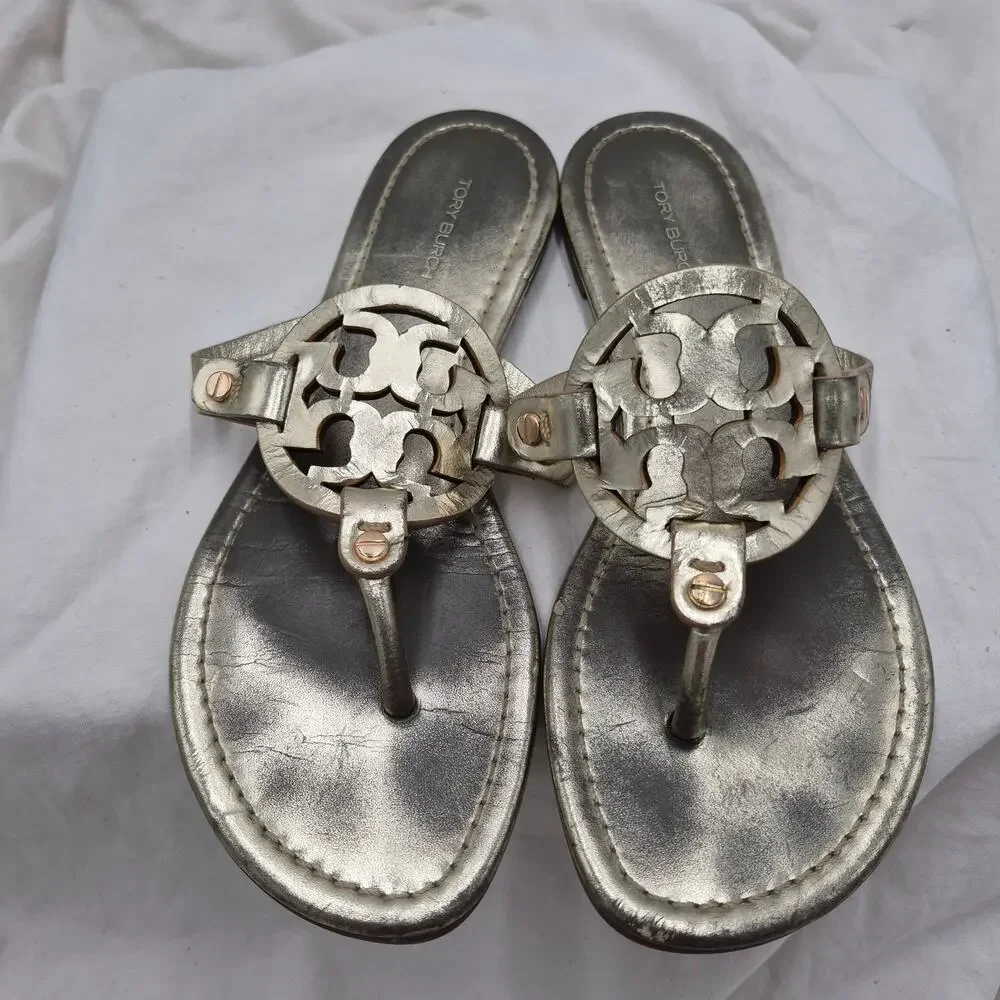 Tory Burch Miller Gold Leather Sandal slip-on Thong flip flip slide Women Sz 7.5
